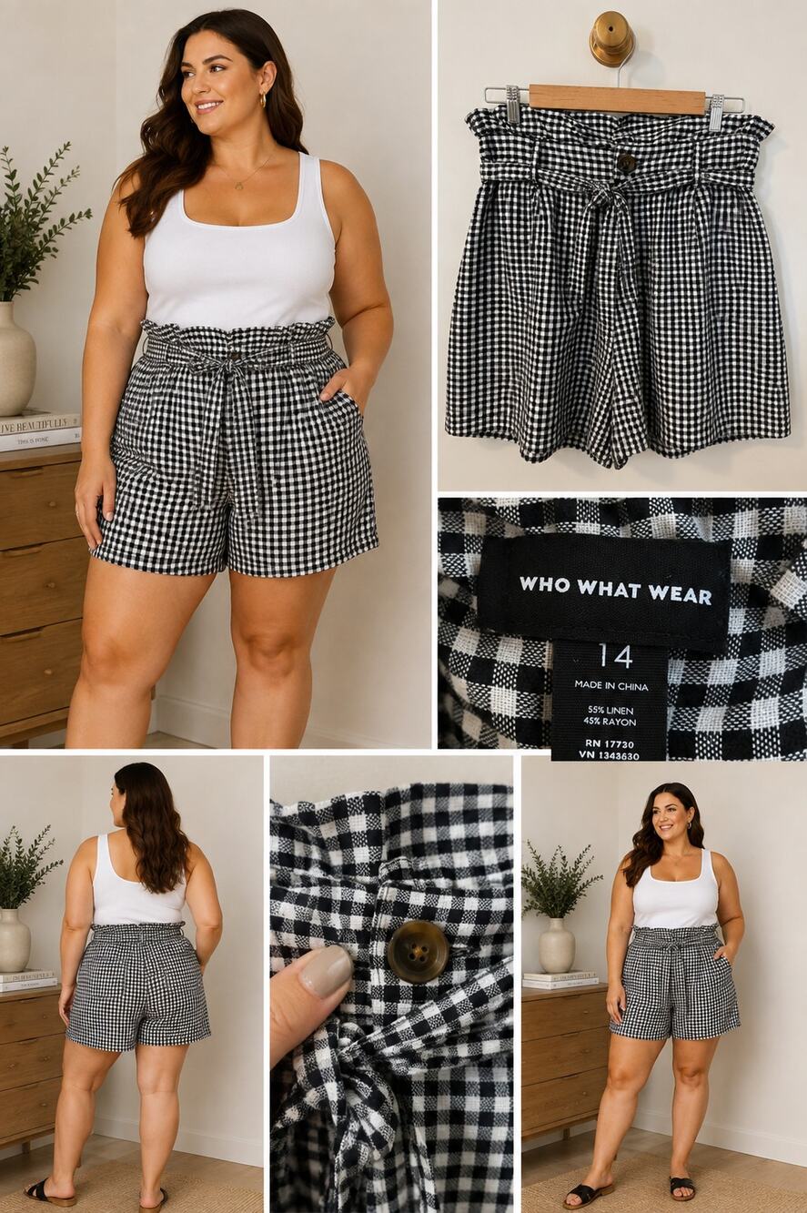 ✨ Who What Wear Black & White Gingham Paperbag Linen Blend Shorts Size 14